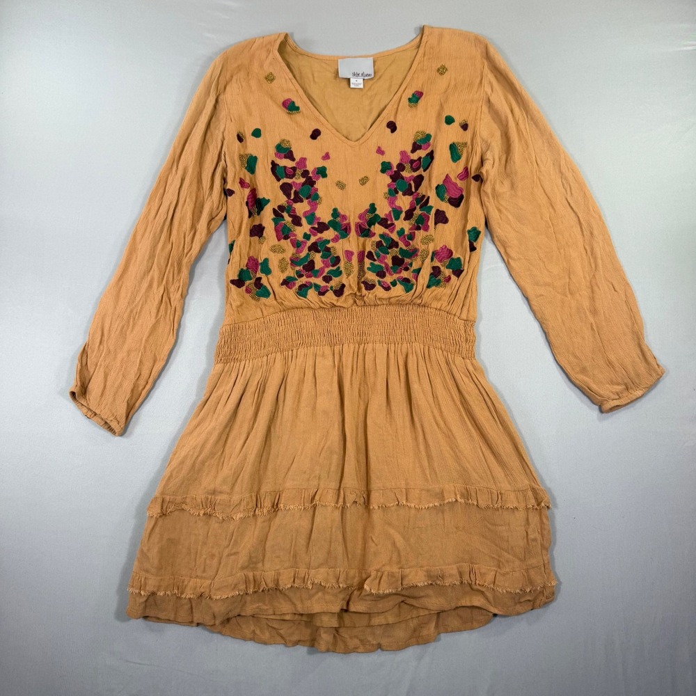 Chloe Oliver Smocked Mini Dress Small Boho Embroidered Fall Artisan Cottagecore
